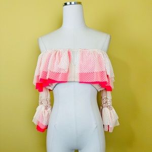 We Are Hah Ruffled Mesh Lace Neon Crop Top Large